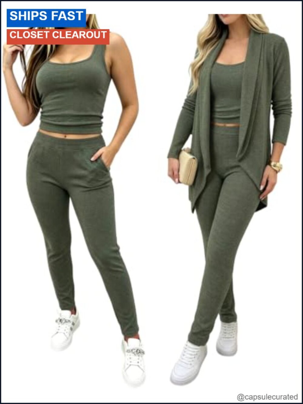 3 Piece Knit Lounge Set Open Front Cardigan Tank High Waist Pants